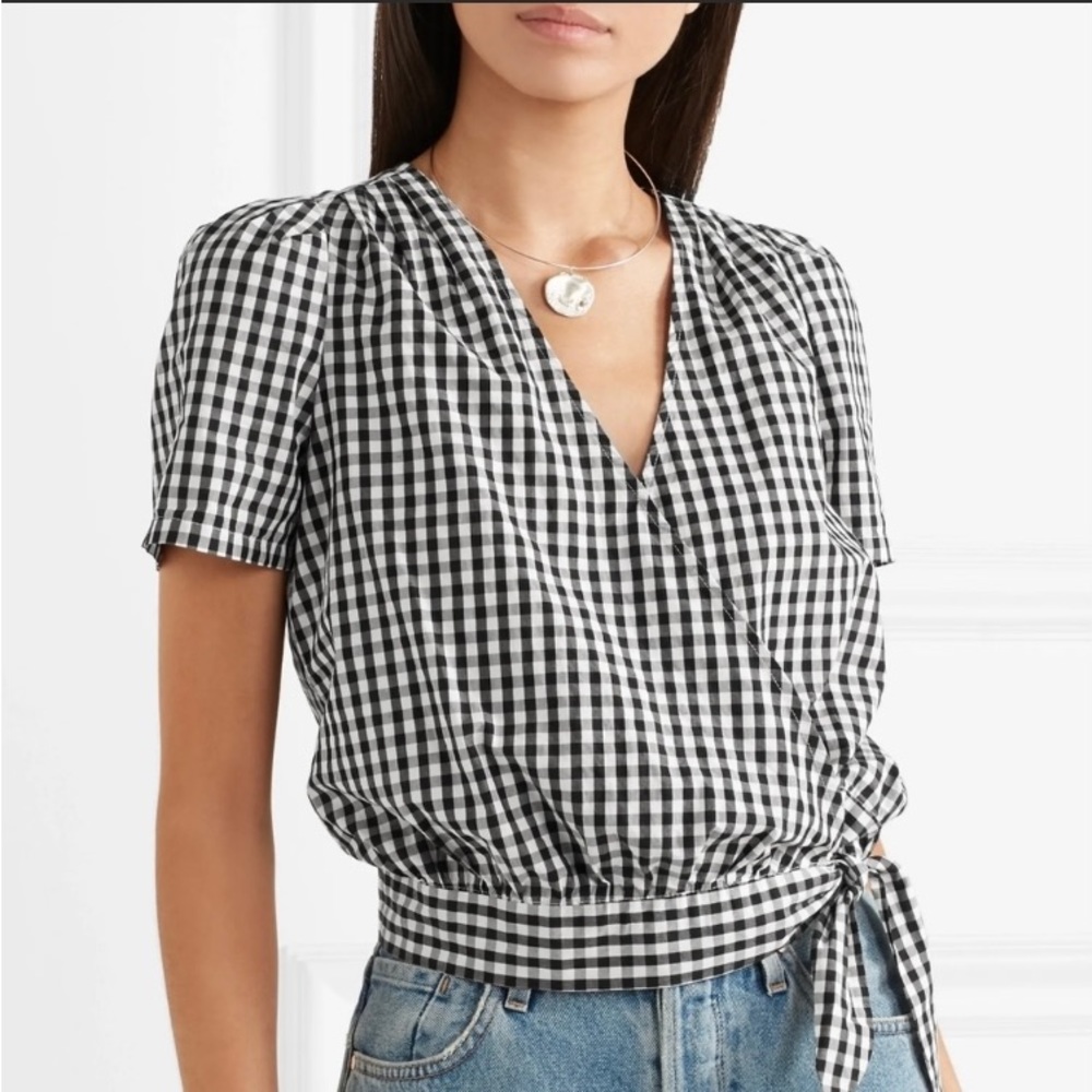 Madewell Women’s Short-Sleeve Wrap Top In Gingham Check 100% Cotton Size S